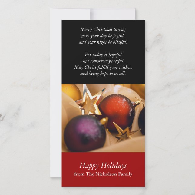 Tarjeta fotográfica de decoraciones navideñas (Anverso)