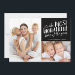 Tarjeta fotográfica de dos festividades más maravi<br><div class="desc">Realmente es el "momento más maravilloso del año" con este divertido y moderno diseño que presenta un collage de dos fotos de tu familia en el frente con una mezcla casual y contemporánea de tipografía con letras a mano. En la parte posterior, un fondo de patrón de cheurón coordinado tiene...</div>