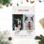 Tarjeta fotográfica de dos perros traviesos o boni<br><div class="desc">Cuidadas y graciosas tarjetas de vacaciones mascota! "¡Santa Paws está llegando a la ciudad",  dos tarjetas de fotos navideñas de perro con marcas de verificación traviesas o lindas y verdaderos acentos de Relieve metalizado!</div>