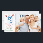 Tarjeta fotográfica de familia de navidades Snowma<br><div class="desc">Esta tarjeta de fotos de vacaciones personalizada para Navidades con una imagen de un muñeco de nieve puede ser personalizada con su propia foto y mensaje digital.</div>