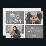 Tarjeta fotográfica de Feliz Navidad o Snowflake<br><div class="desc">Feliz Navidad Carbón Gris Mano Leyó Script Dos Tarjeta De Foto. La foto y el texto de este guión con letras a mano se pueden actualizar y personalizar con su foto y nombre. Esta tarjeta también muestra su nombre en la parte posterior de la tarjeta de Navidades.</div>