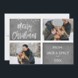 Tarjeta fotográfica de Feliz Navidad o Snowflake<br><div class="desc">Feliz Navidad Carbón Gris Mano Leyó Script Dos Tarjeta De Foto. La foto y el texto de este guión con letras a mano se pueden actualizar y personalizar con su foto y nombre. Esta tarjeta también muestra su nombre en la parte posterior de la tarjeta de Navidades.</div>