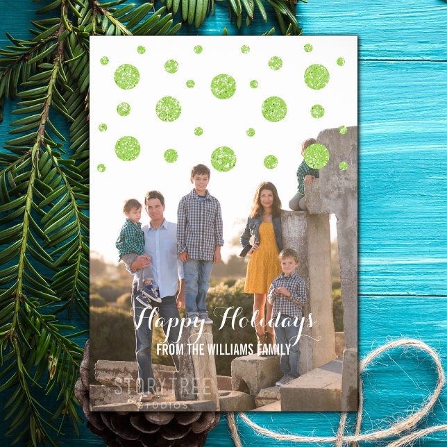 Tarjeta fotográfica de feriado de Purpurina verde  (Green Glitter Confetti Holiday Photo Card)