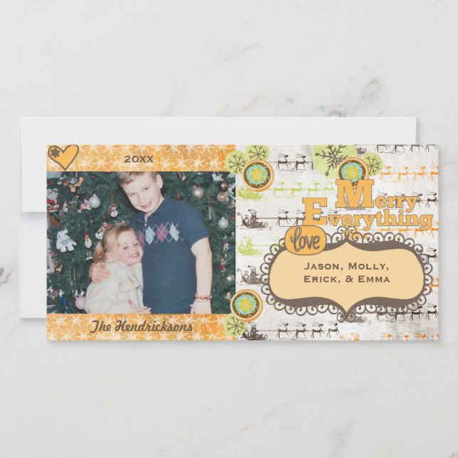 Tarjeta fotográfica de feriado de renos y copos de (Anverso)