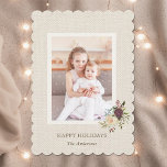 Tarjeta fotográfica de festividad para Navidades f<br><div class="desc">Tarjeta de foto de vacaciones rústicas con ramo floral de invierno y fondo de tela burlap falso.</div>