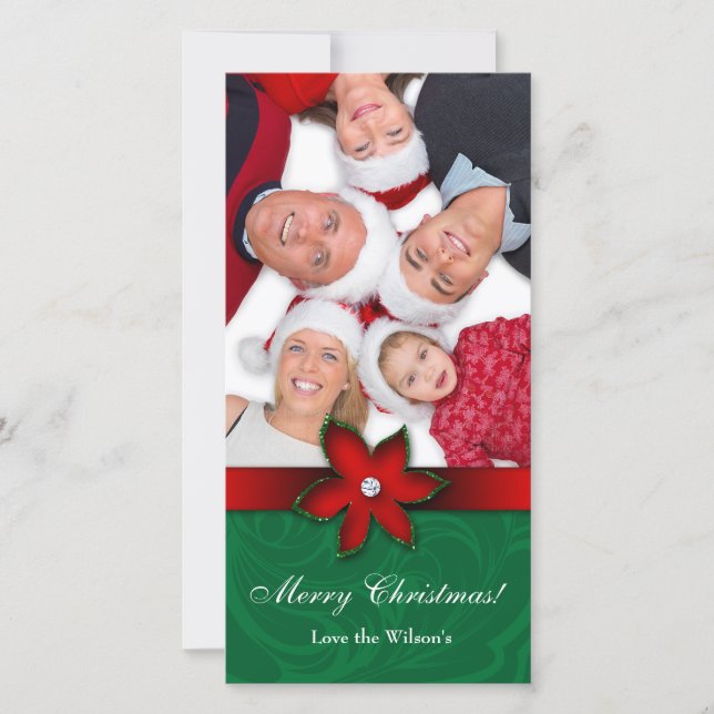 Tarjeta fotográfica de flores de Poinsettia, verde (Anverso)