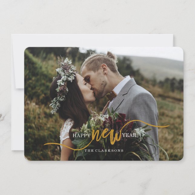 Tarjeta fotográfica de Gold Script de Año Nuevo (Anverso)