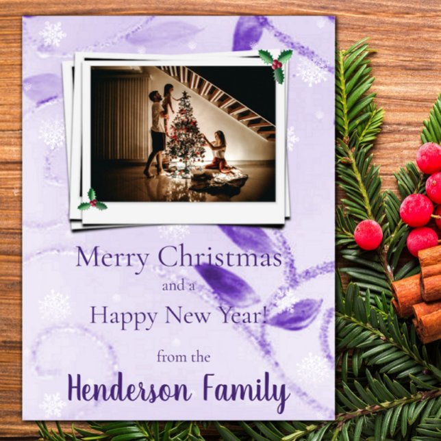 Tarjeta fotográfica de hojas púrpura (Purple Leaves Flat Holiday Photo Card)