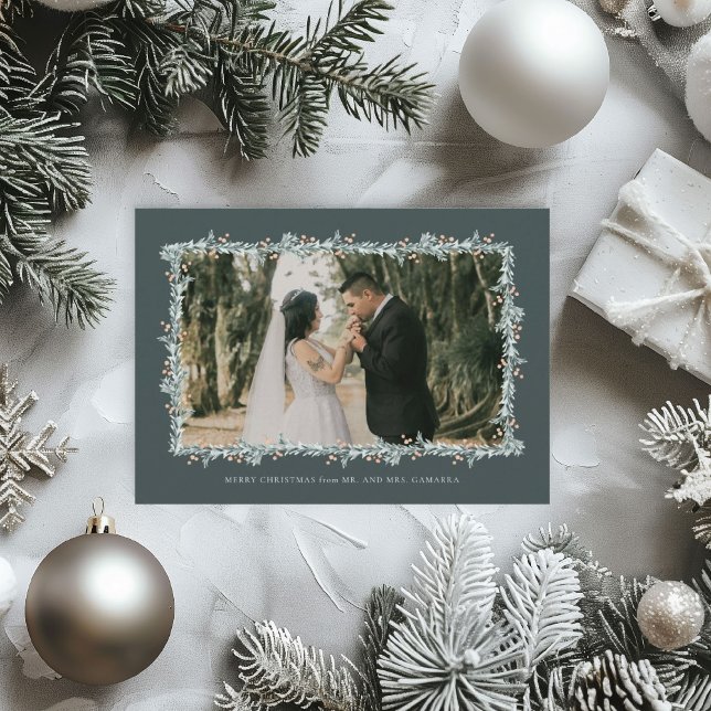 Tarjeta fotográfica de Invitación Boda navidades (Elegant watercolor border holiday photo card)