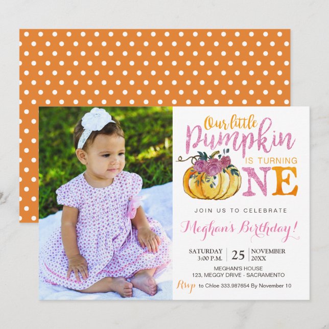 Tarjeta fotográfica de invitación de primer cumple (Anverso / Reverso)