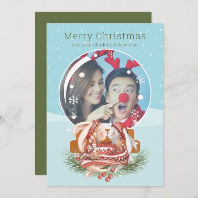 Tarjeta Fotográfica De La Pareja De Conejo Y Globe (Anverso / Reverso)