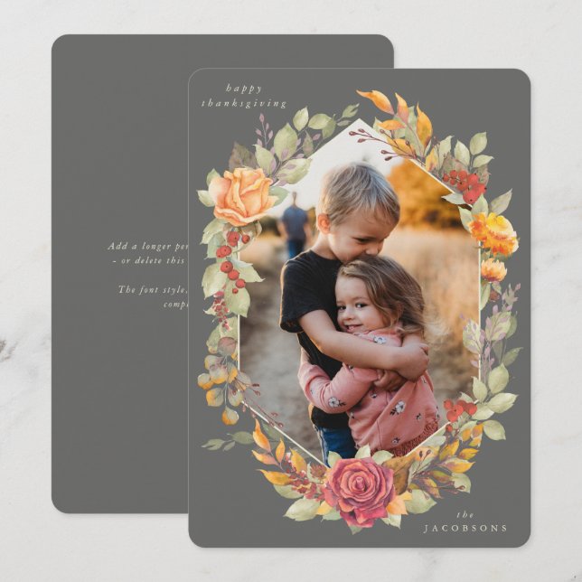 Tarjeta fotográfica de las flores otoñales marrone (Anverso / Reverso)