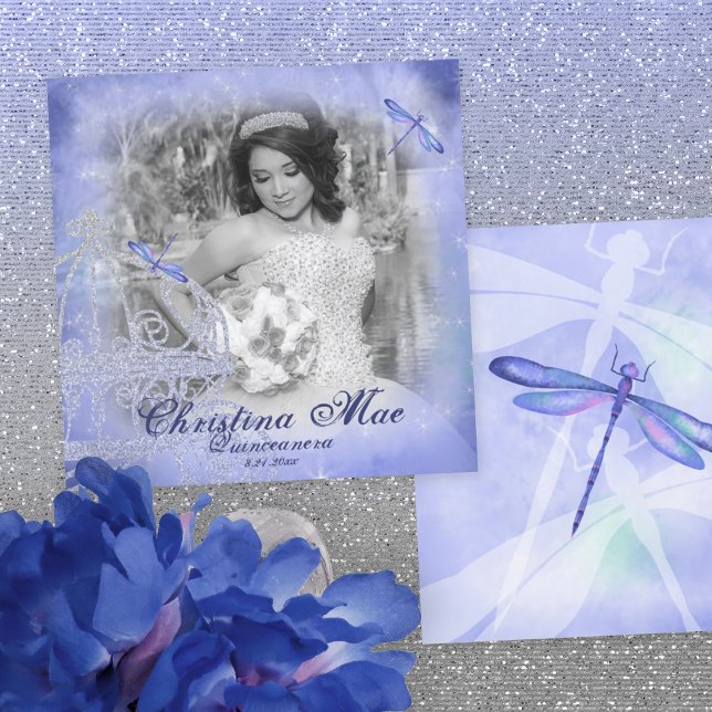 Tarjeta fotográfica de marco azul Quinceañera (Light blue, dusty blue and silver horse carriage quinceanera invitation, whimsical blue dragonflies)