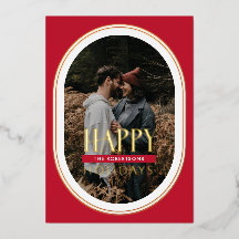 Tarjeta fotográfica de marco Oval rojo Happy Holid