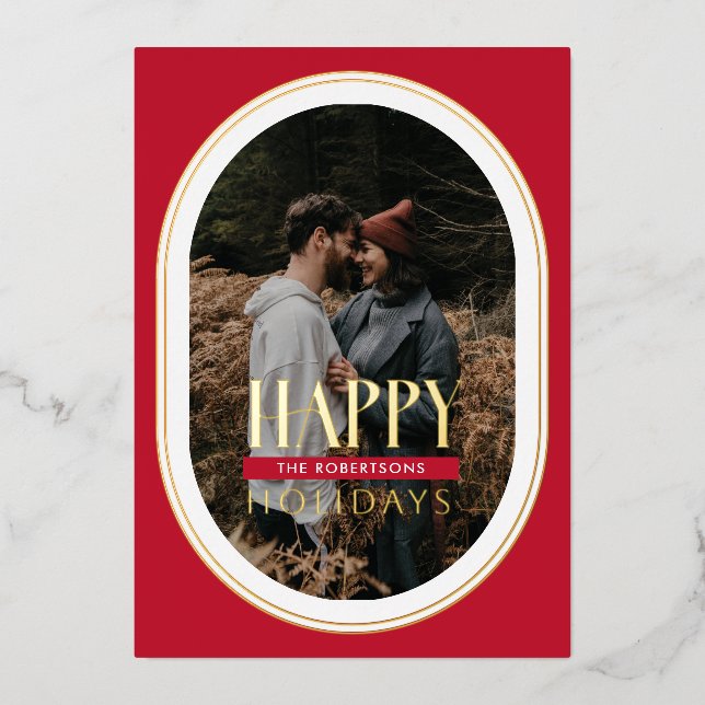 Tarjeta fotográfica de marco Oval rojo Happy Holid (Anverso)
