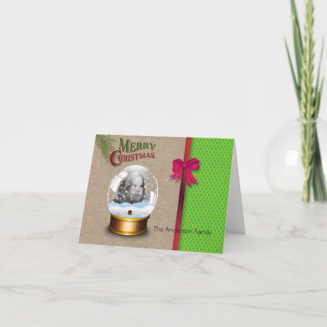 Tarjeta fotográfica de Navidad Burlap Green Honeyc (Anverso)
