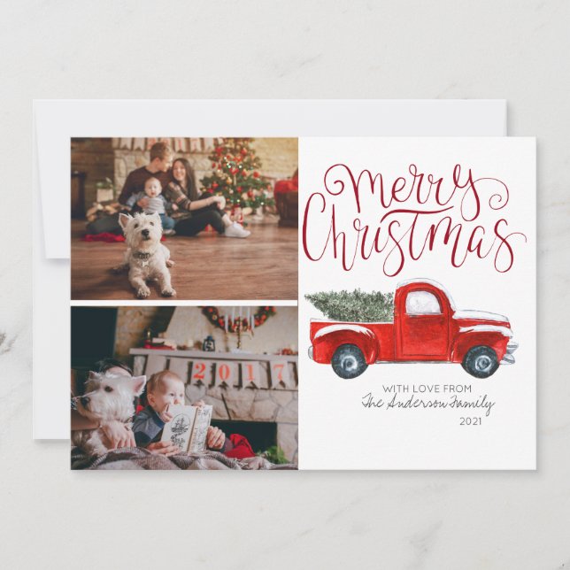 Tarjeta fotográfica de Navidad - Camión rojo vinta (Anverso)