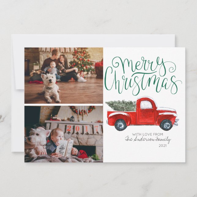 Tarjeta fotográfica de Navidad - Camión rojo vinta (Anverso)