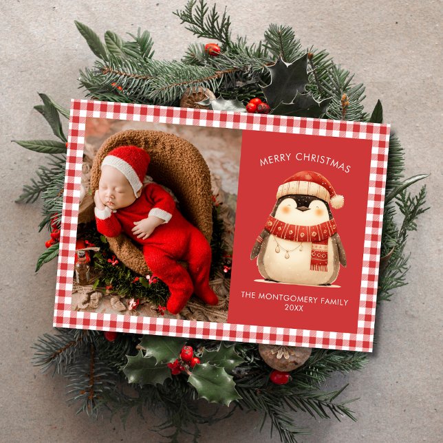 Tarjeta fotográfica de Navidad Cute Gingham Check (Subido por el creador)