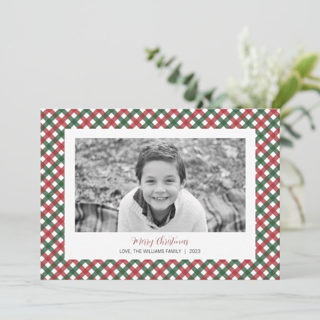 Tarjeta fotográfica de Navidad de color rojo y ver (Anverso de pie)