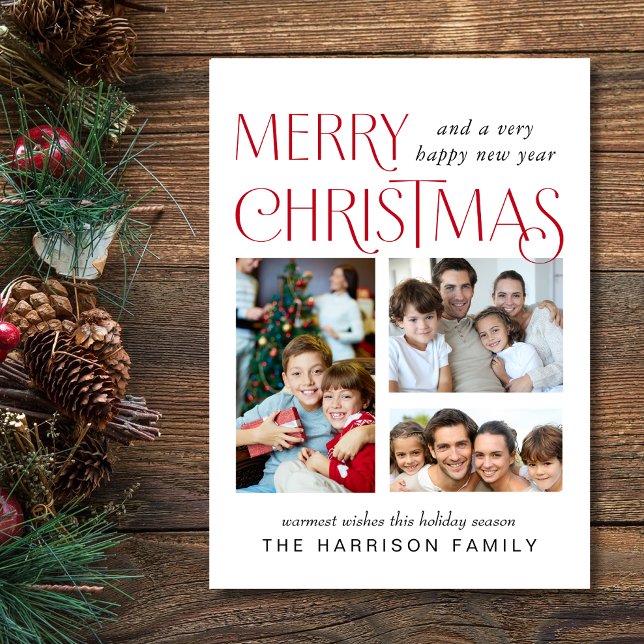 Tarjeta fotográfica de navidad de Merry Collage de (This holiday season, let your family's smiles and heartwarming memories shine on our 3 photo card)