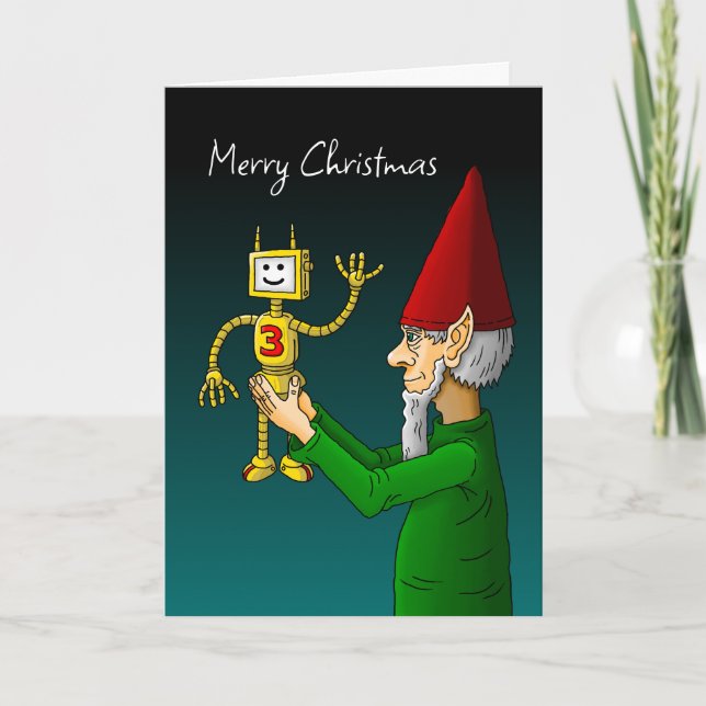 Tarjeta fotográfica de Navidad Elf y Robot (Anverso)