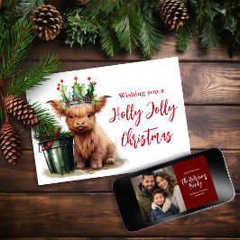 Tarjeta fotográfica de Navidad Highland Cow Holly