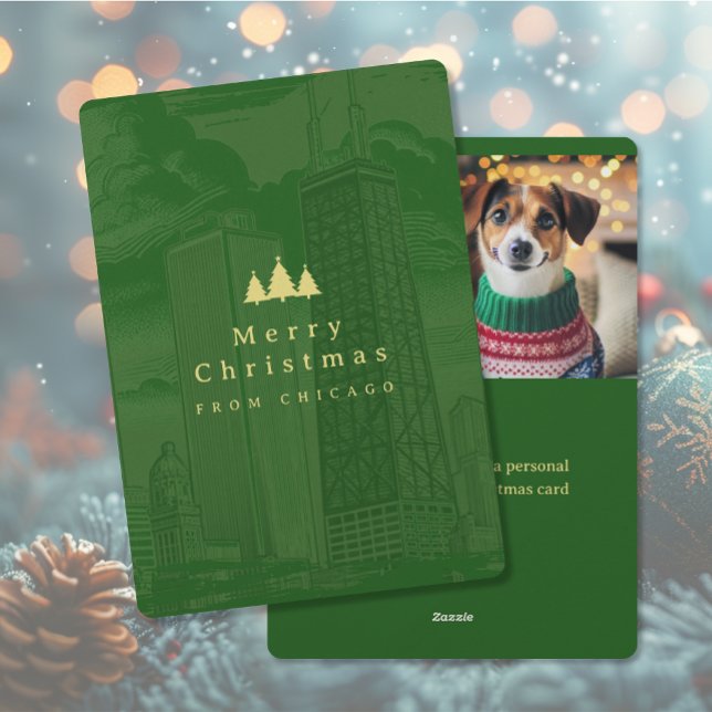 Tarjeta fotográfica de navidad plana Merry Christm (Merry Christmas Chicago Flat Holiday Photo Card (front and back))