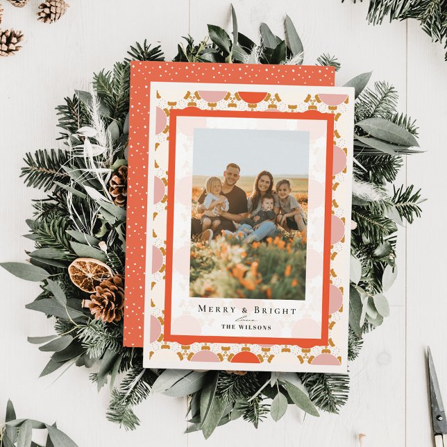 Tarjeta fotográfica de Navidad retro rosada con ad (Subido por el creador)