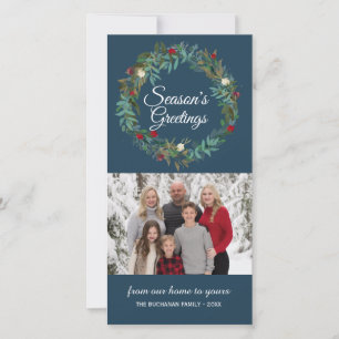 Tarjeta fotográfica de Navidad Winter Blue Wreath