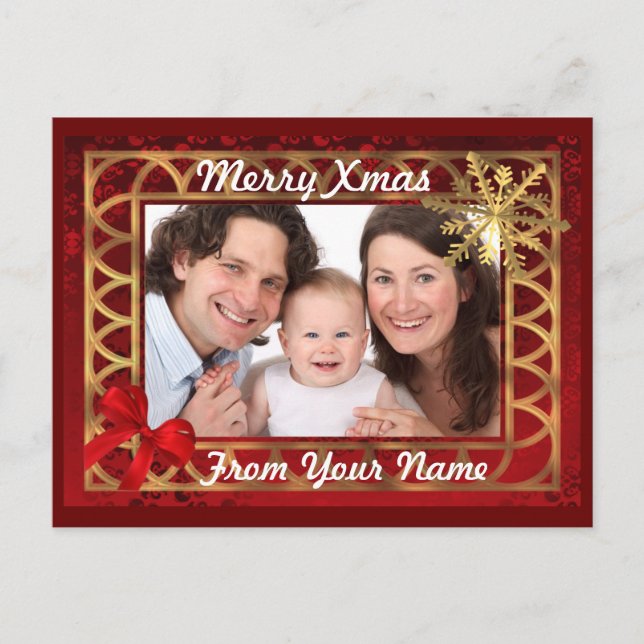 Tarjeta fotográfica de Navidades rojos y dorados (Anverso)
