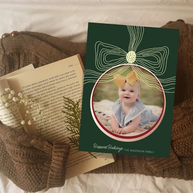 Tarjeta fotográfica de oro verde Bow y Bauble para (Subido por el creador)