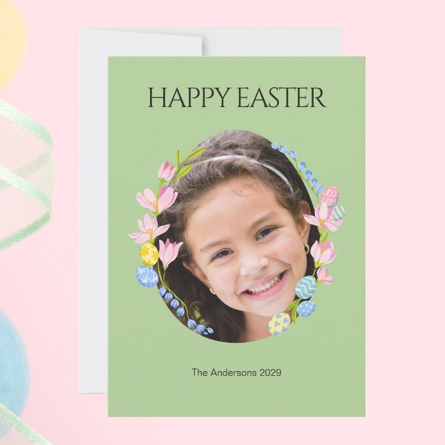 Tarjeta fotográfica de Pascua con marco floral - V (Easter Photo Card with Floral Frame – Green)