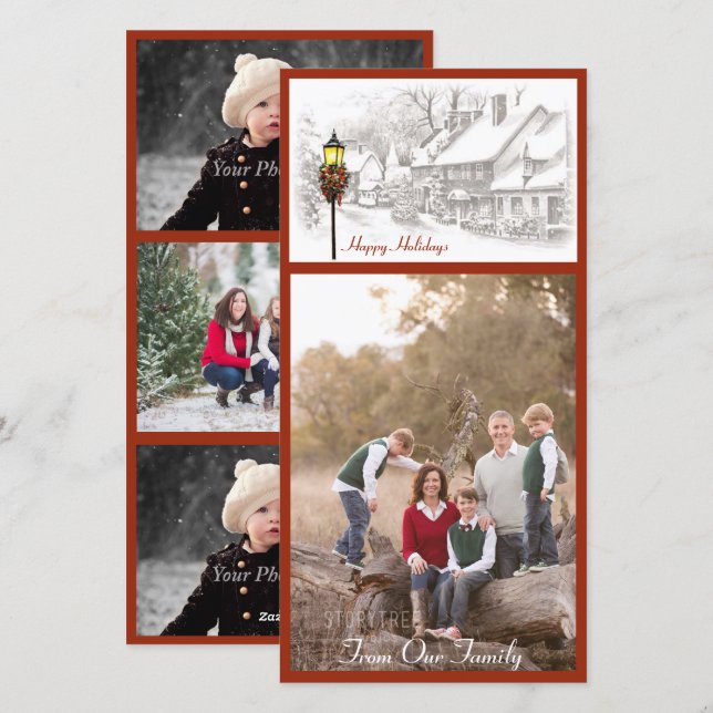 Tarjeta fotográfica de pueblo navideño vintage (Anverso / Reverso)