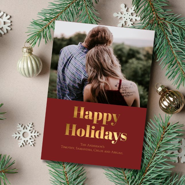 Tarjeta fotográfica de Relieve metalizado dorado d (Happy Holidays Gold Foil Card Personalized)
