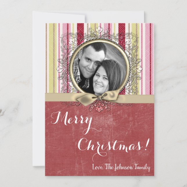 Tarjeta fotográfica de tela rayada verde XMAS para (Anverso)