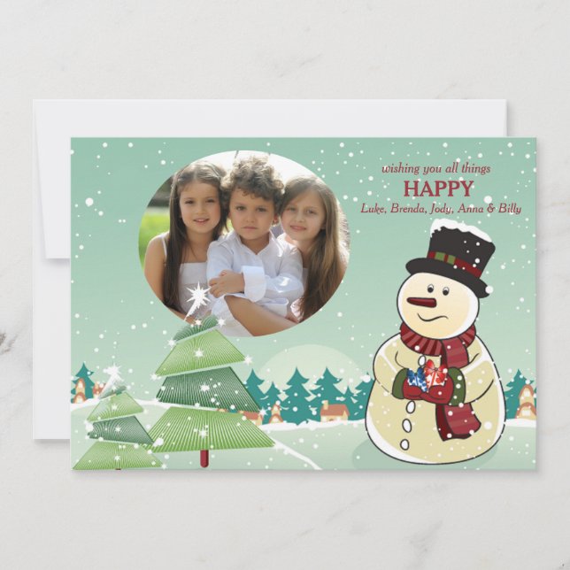 Tarjeta fotográfica de vacaciones de Snowman (Anverso)