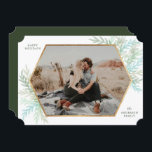 Tarjeta fotográfica de vacaciones moderna para las<br><div class="desc">Esta tarjeta fotográfica de vacaciones para Navidades es moderna y está de moda poner tu fotografía de paisaje favorita en un marco falso hexágono de oro acentuado con ramas pintadas de acuarela en tonos azules y frescos verdes.</div>