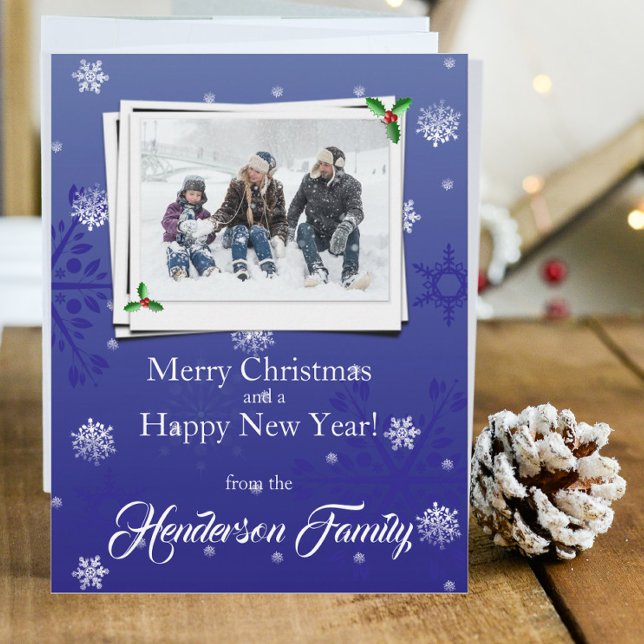 Tarjeta fotográfica de vacaciones plana Blue Snfla (Blue Snowflakes Holiday Photo Card)