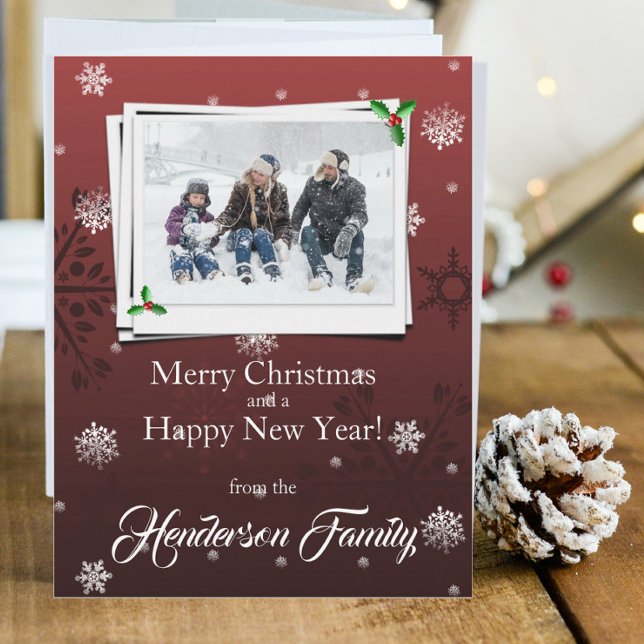 Tarjeta fotográfica de vacaciones plana con copos  (Red Snowflakes Holiday Photo Card)