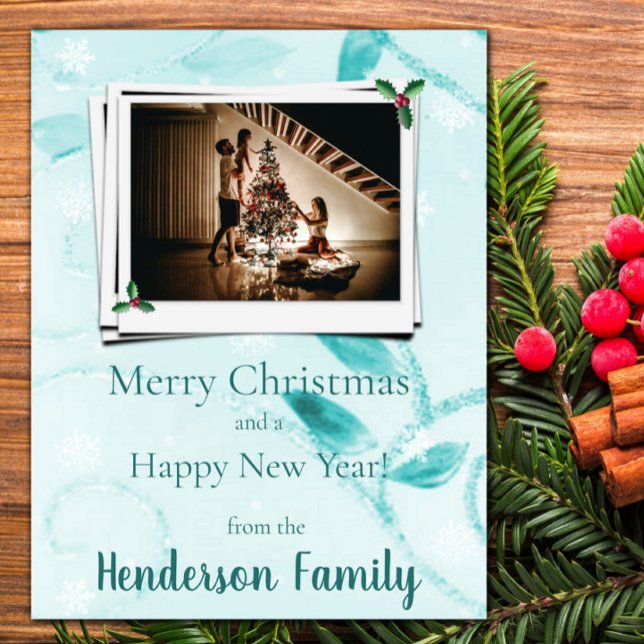 Tarjeta fotográfica de vacaciones plana con hojas  (Teal Leaves Flat Holiday Photo Card)