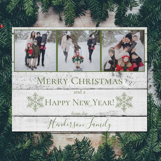 Tarjeta fotográfica de vacaciones plana Rusos Verd (Green Rustic Snowflakes Holiday Photo Card)