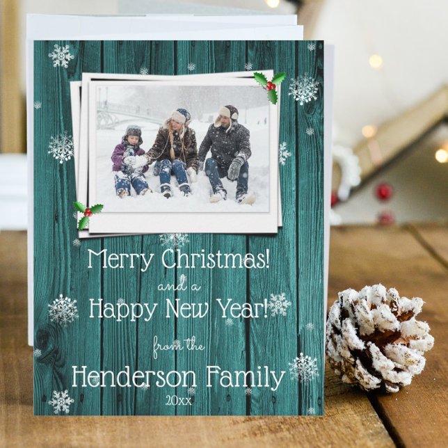 Tarjeta fotográfica de vacaciones verde azulada de (Teal Rustic Wooden Photo Christmas Card)