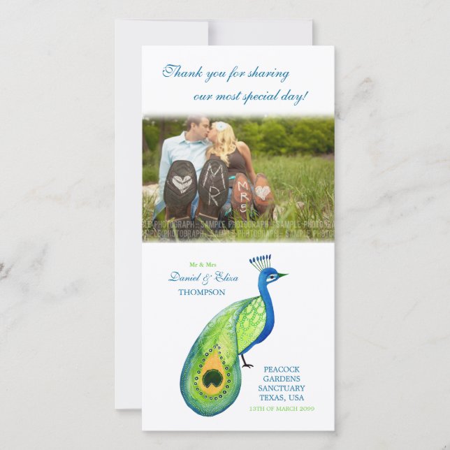Tarjeta fotográfica de Watercolor Peacock Boda (Anverso)