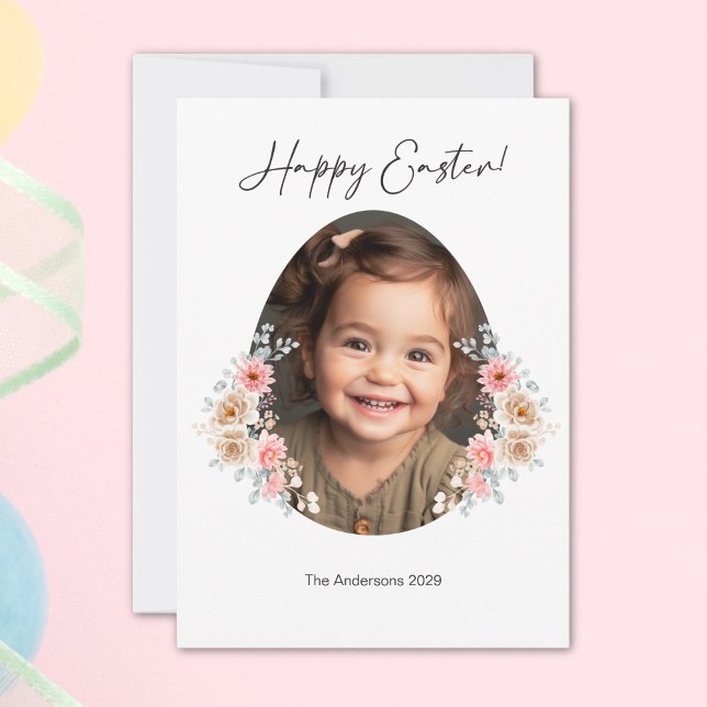 Tarjeta fotográfica feliz de Pascua con marco de h (Happy Easter Photo Card with Floral Egg Frame)