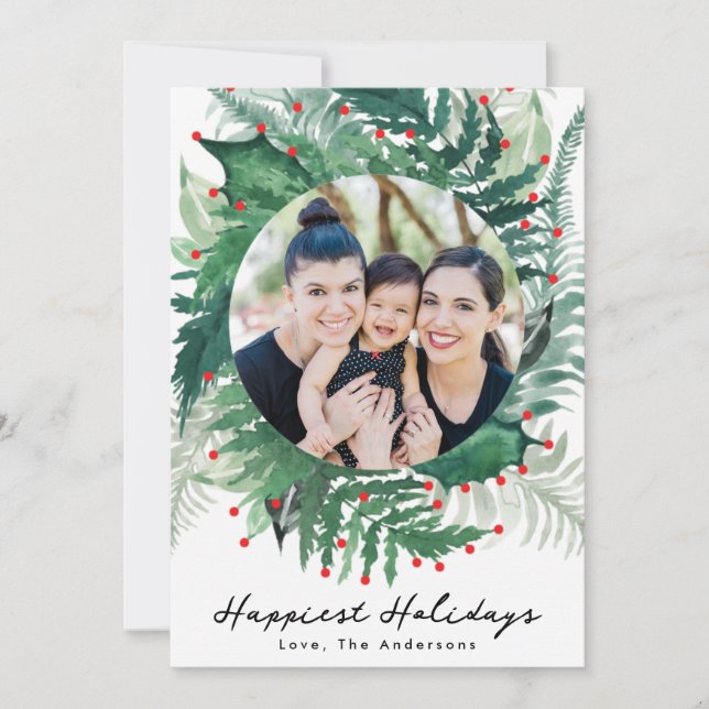 Tarjeta fotográfica festiva de Navidades verdes y  (Anverso)