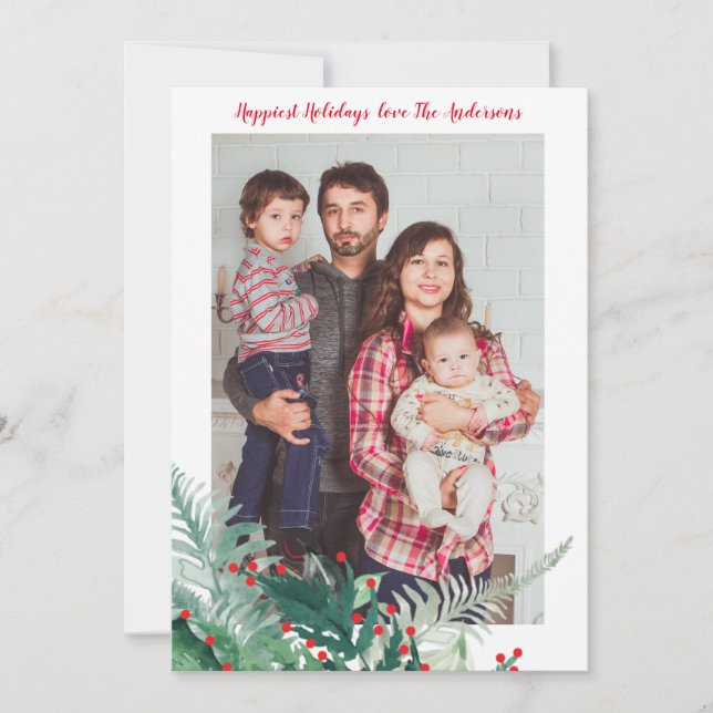 Tarjeta fotográfica festiva de Navidades verdes y  (Anverso)