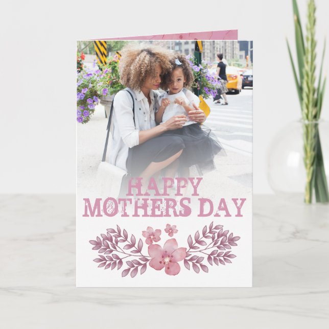 Tarjeta fotográfica floral rosa de Día de la Madre (Anverso)