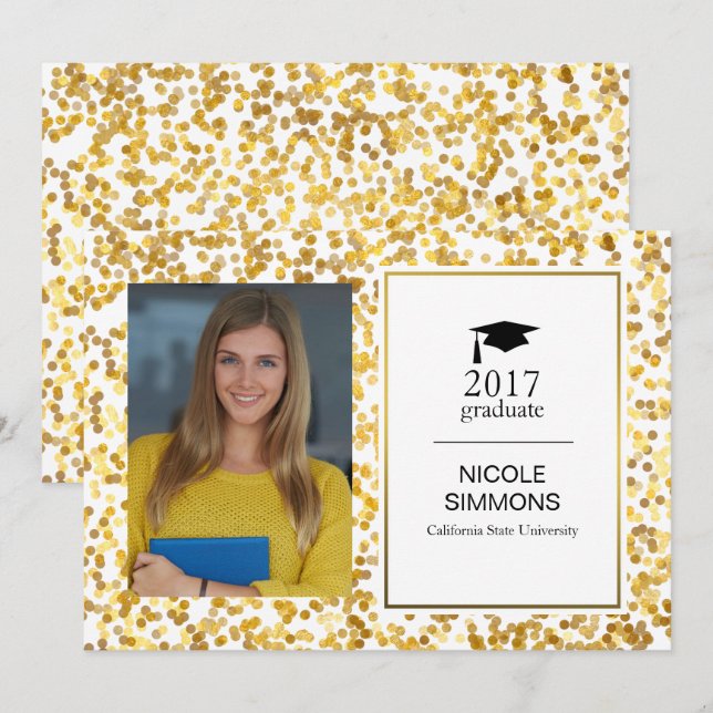 Tarjeta fotográfica Gold Confetti Graduate (Anverso / Reverso)