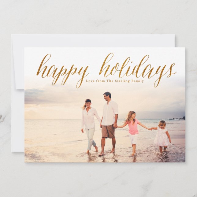 Tarjeta fotográfica Gold Happy Holidays Purpurina  (Anverso)